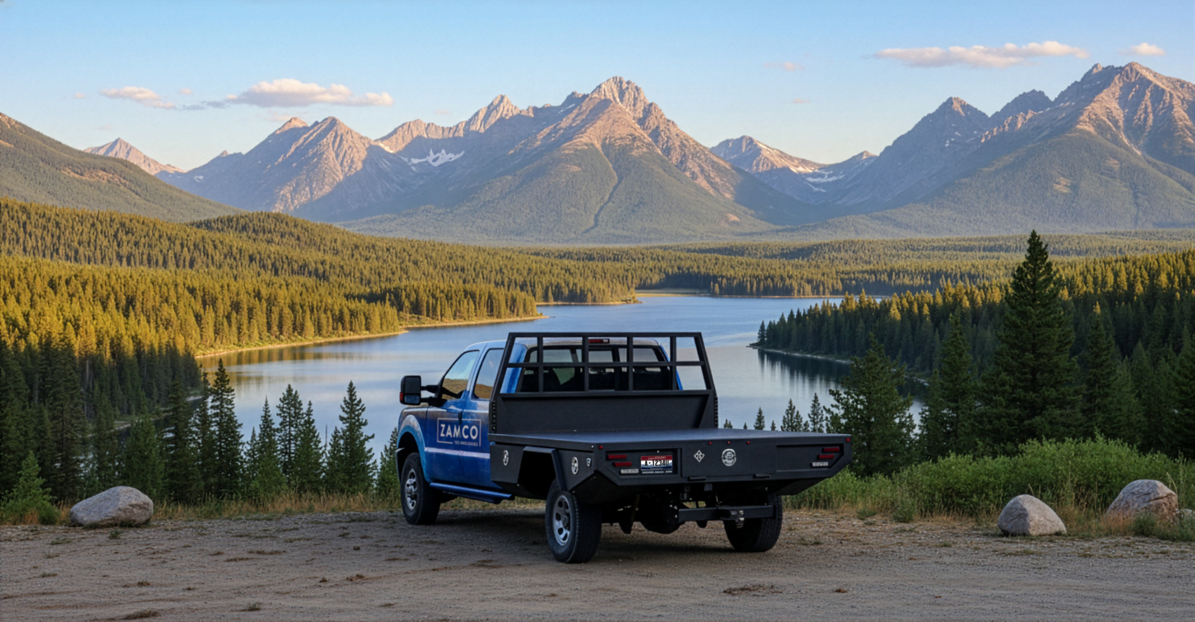 Custom overlanding truck overlooking a lake
